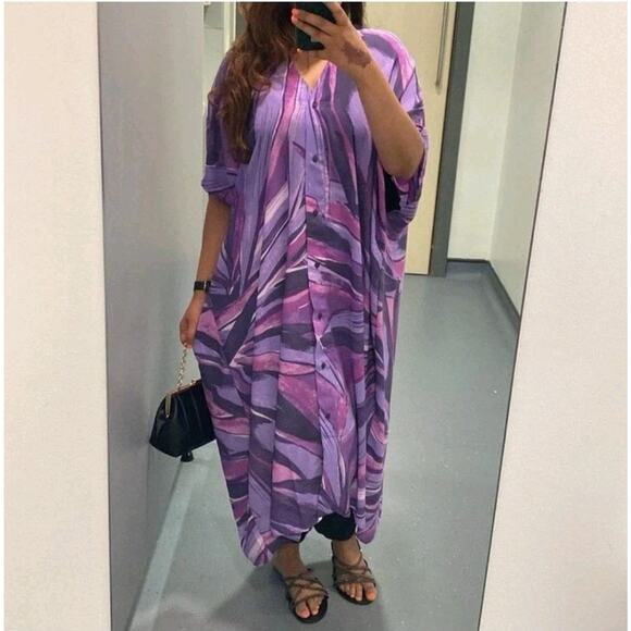 H&M Purple Artsy Flowy Beautiful Button Up Oversized Long Kaftan Dress Size S - Picture 1 of 9